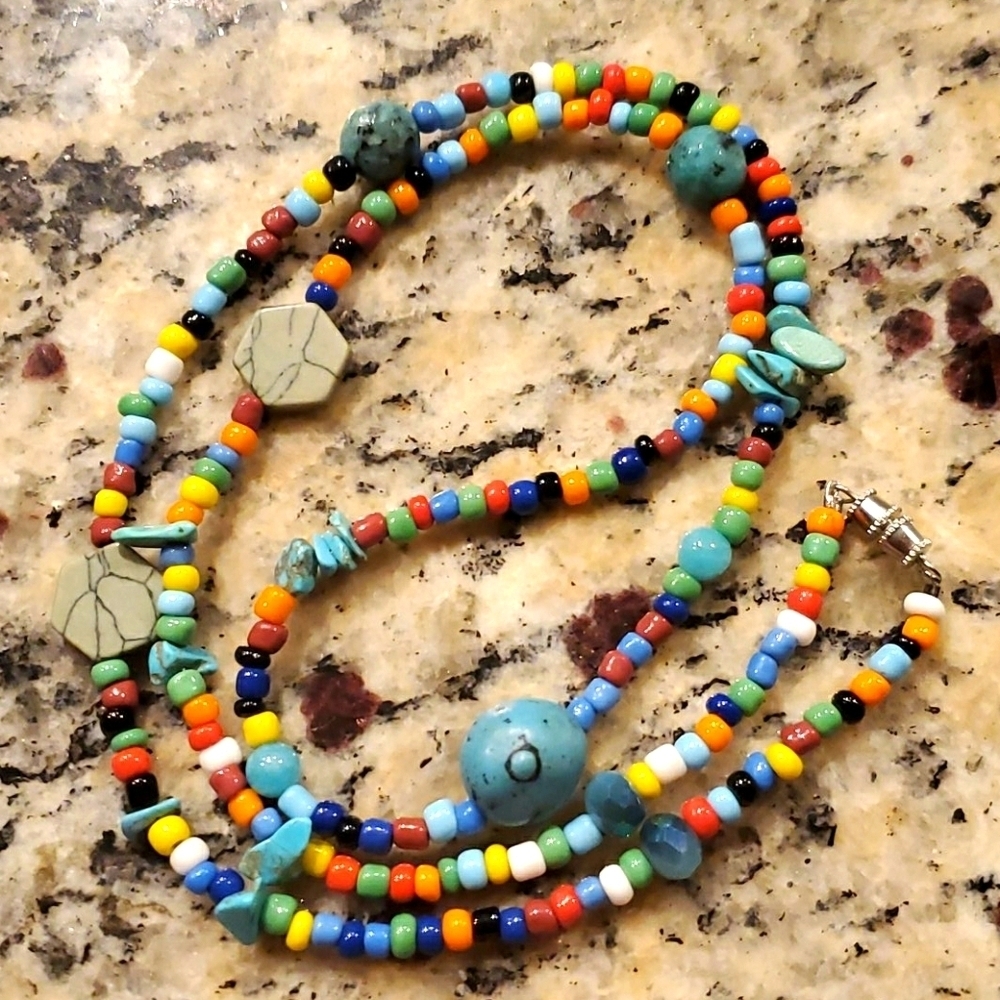 4/$20 Multi colored necklace with Turquoise beads